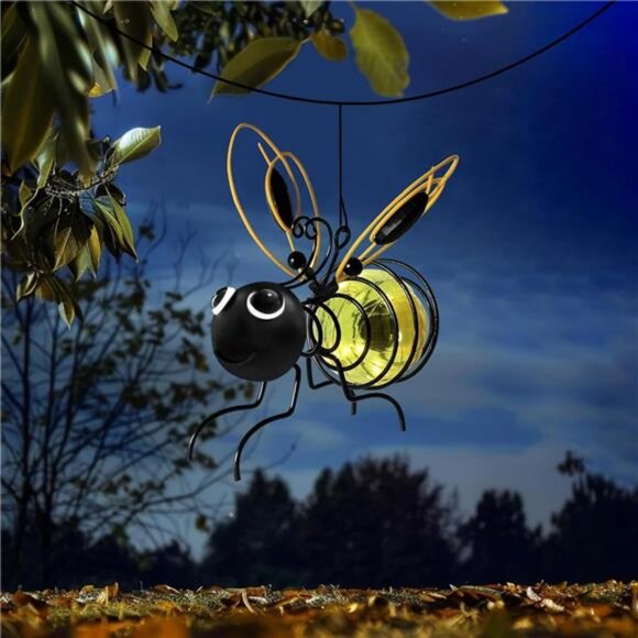 Hanging Bee Solar Light Decor for Outside Glowing Metal Bee with Spring Figurine - Picture 1 of 7